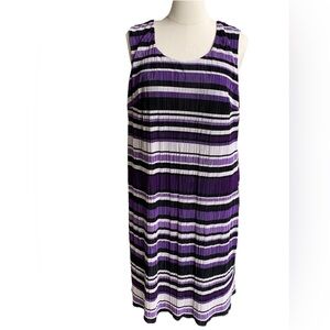 Catherines Midi Dress Plus 2X Sleeveless Crinkle Pleat, Black & Purple Stripes